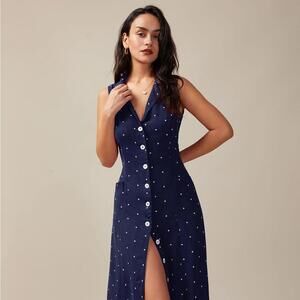RIHOAS Navy V Neck Polka Dot Tie Back Midi Dress M